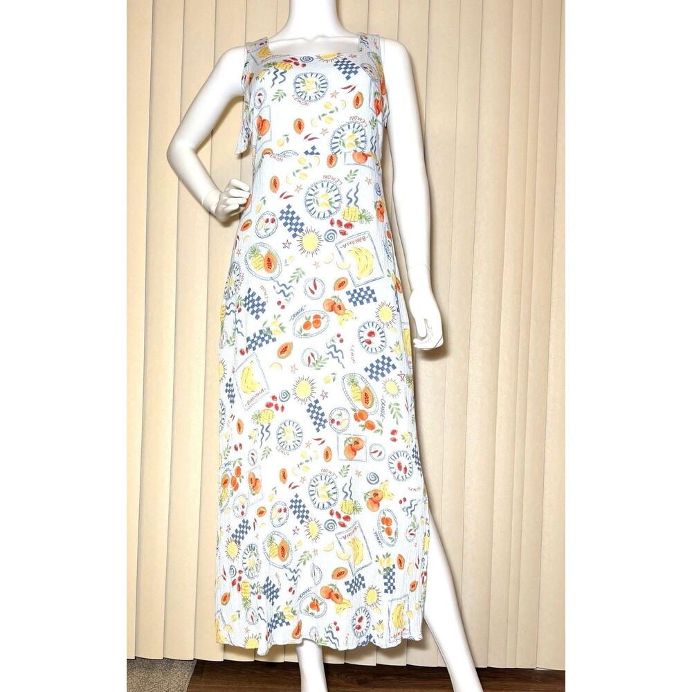 Gilli Fruit Print Maxi Dress S Tie Shoulder Side Slit Rayon 50" Long